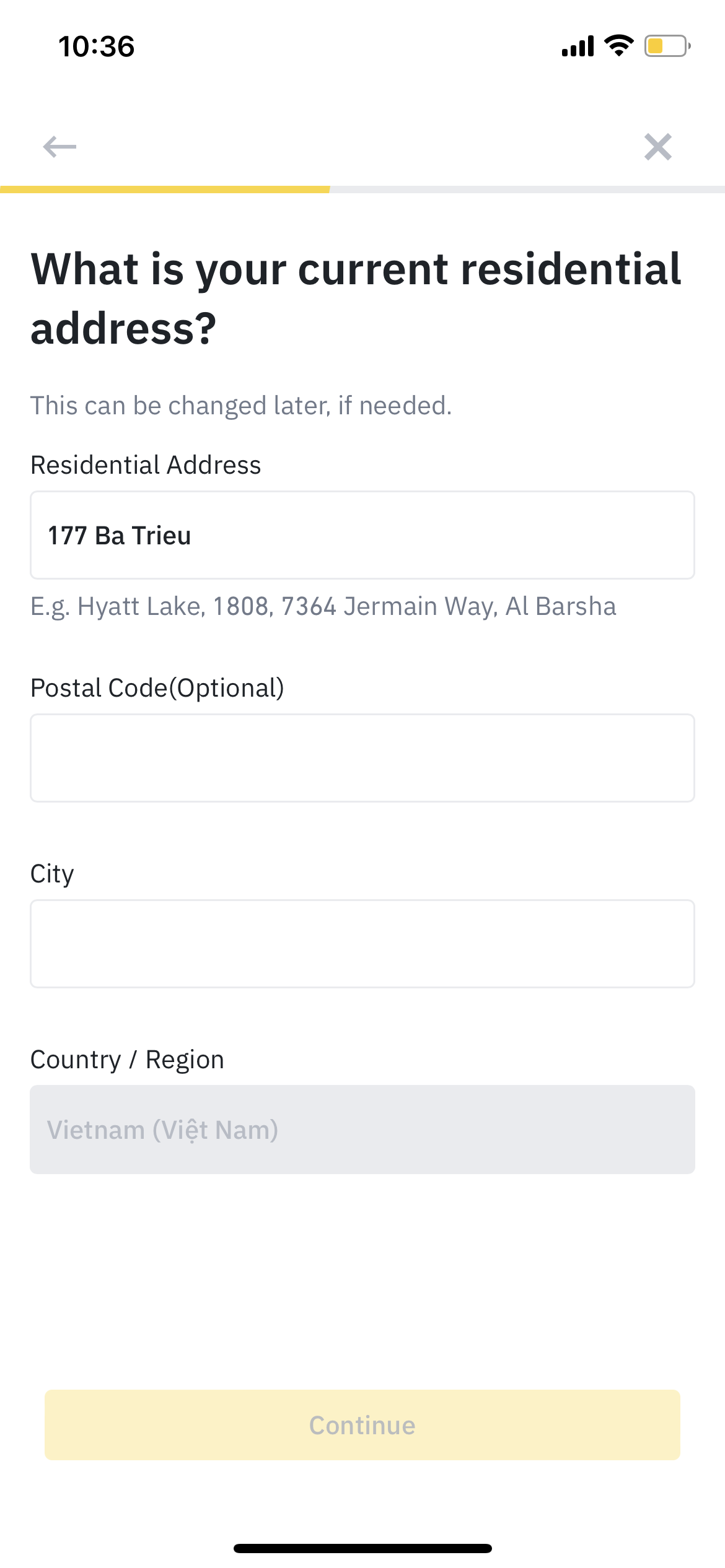 Enter residential address screen