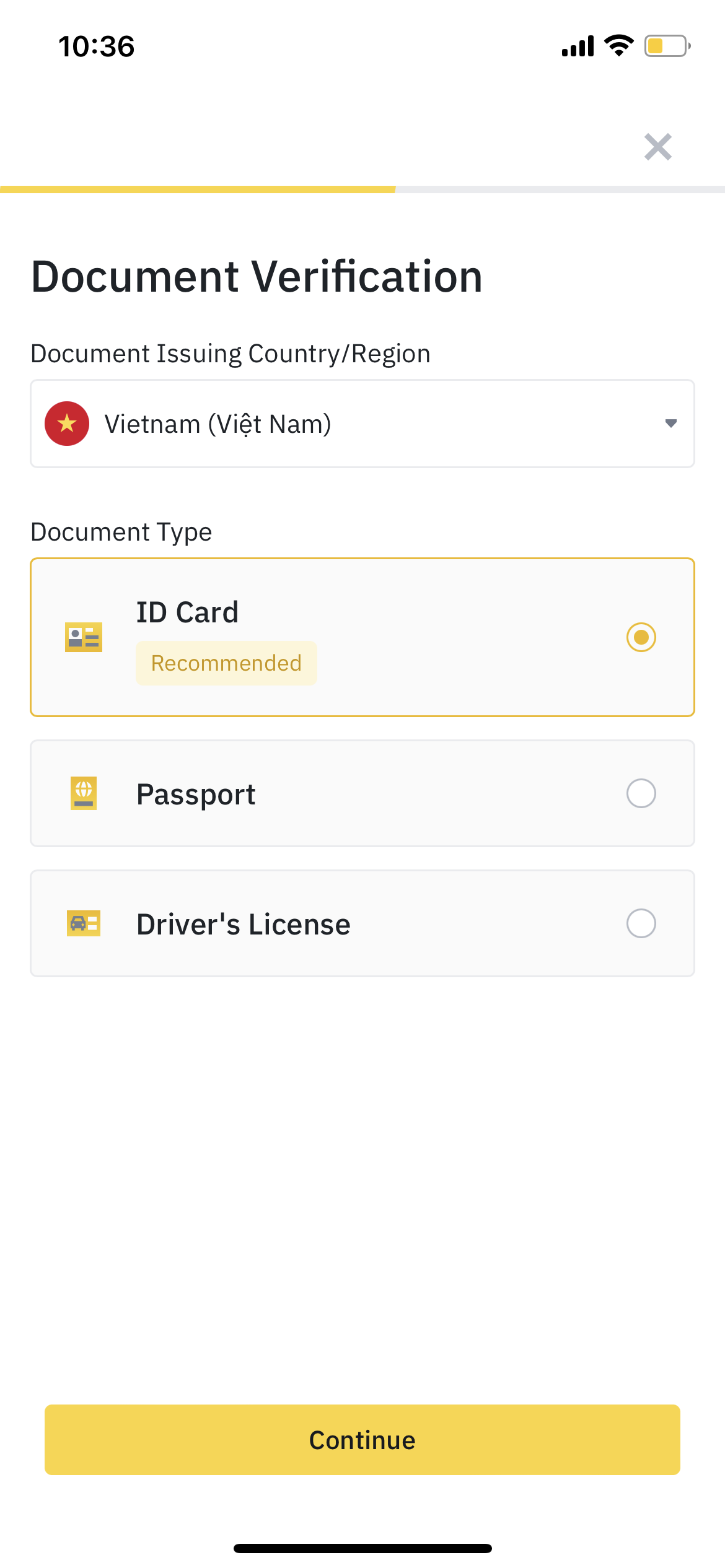 Select document type screen