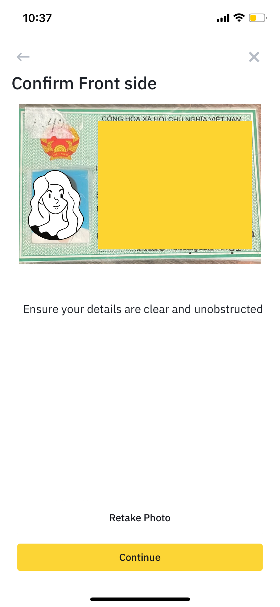 Confirm front side of ID