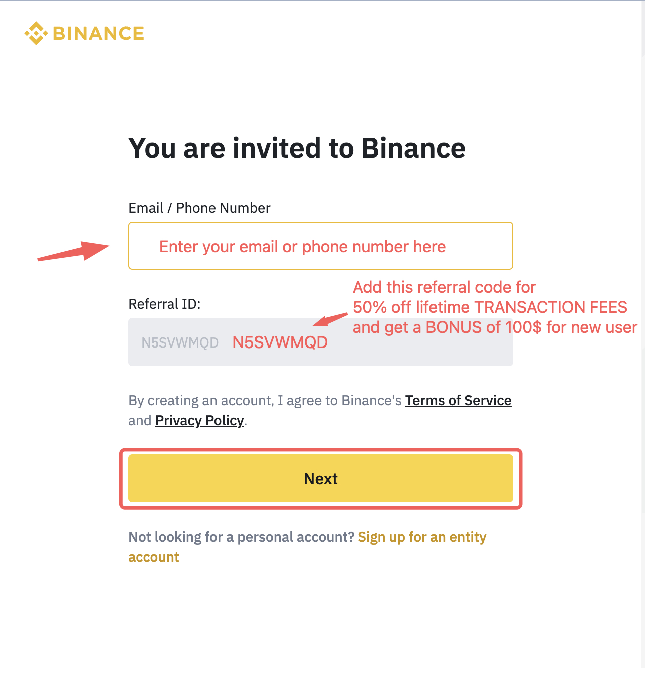 Email and referral code input fields