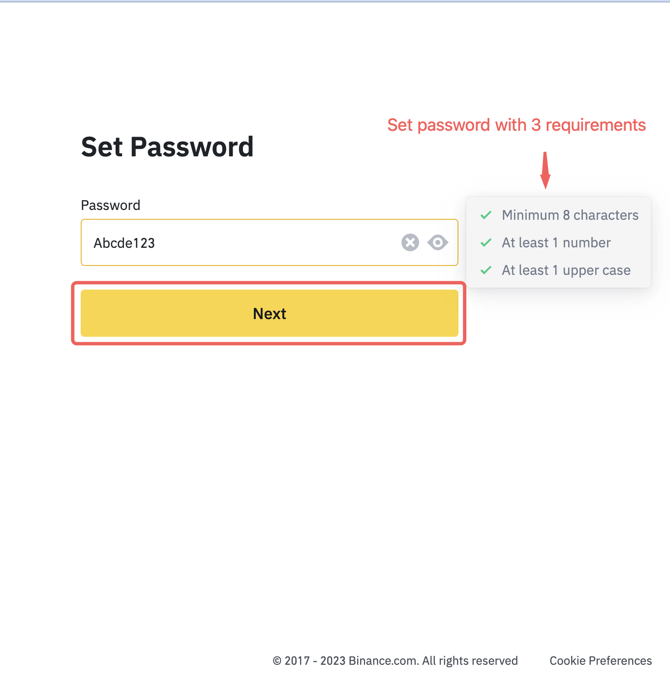 Set password screen